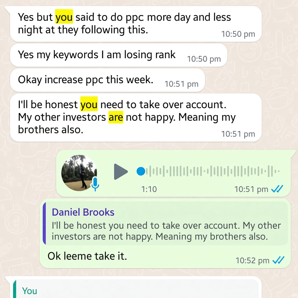 WhatsApp chat where Daniel Brooks asks the team to take over the Amazon account