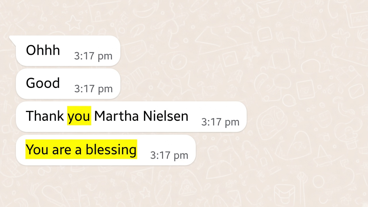 WhatsApp messages thanking Martha Nielsen and calling the work a blessing